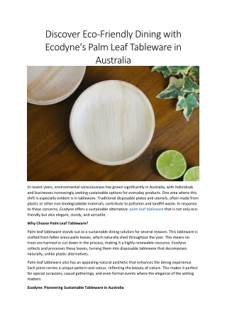 Title: Eco-Friendly Dining with Ecodyne’s Palm Leaf Tableware in Australia