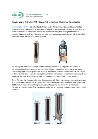 Gravity Water Filtration: Why Green-Tak is the Best Choice for Clean Water