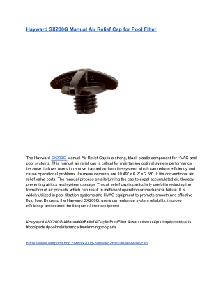 Hayward SX200G Manual Air Relief Cap for Pool Filter
