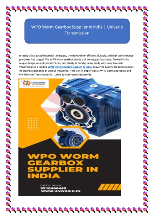 WPO WORM GEARBOX SUPPLIER IN INDIA