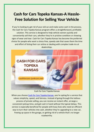 Cash for Cars Topeka Kansas-A Hassle-Free Solution for Selling Your Vehicle