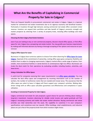 What Are the Benefits of Capitalizing in Commercial Property for Sale in Calgary