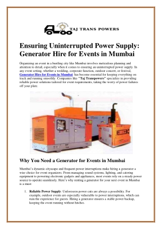 Ensuring Uninterrupted Power Supply: Generator Hire for Events in Mumbai