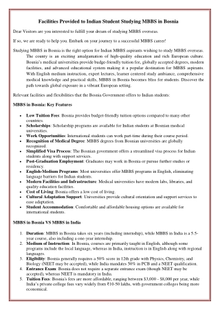Facilities Provided to Indian Student Studying MBBS in Bosnia