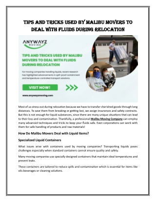 Tips and Tricks Used by Malibu Movers to Deal with Fluids During Relocation