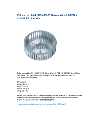 Vulcan Hart 00-415780-00005 Blower Wheel 9-7/8D X 2-5/8W 5/8 | PartsFe
