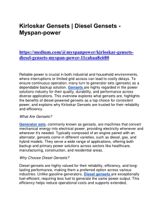 Kirloskar Gensets , Diesel Gensets , Generator Sets | Myspan-power