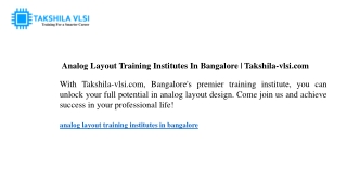Analog Layout Training Institutes In Bangalore Takshila-vlsi.com