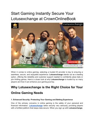 Start Gaming Instantly Secure Your Lotusexchange at CrownOnlineBook
