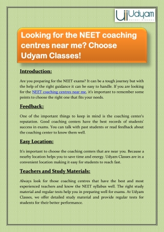 Looking for the NEET coaching centre near me Choose Udyam Classes