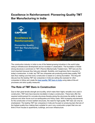 Excellence in Reinforcement: Pioneering Quality TMT Bar Manufacturing in India