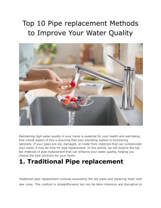 Top 10 Pipe replacement Methods to Improve Your Water Quality