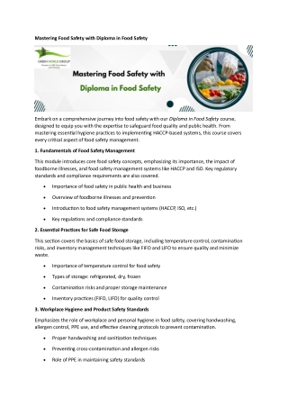 Mastering Food Safety with Diploma in Food Safety