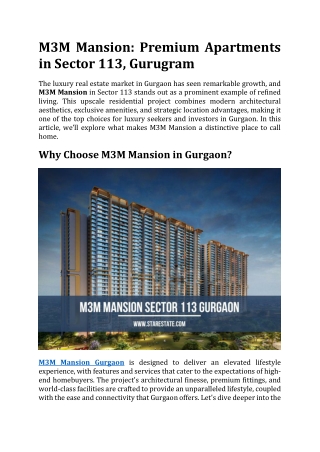 M3M Mansion | Apartments in Sector 113 Gurugram