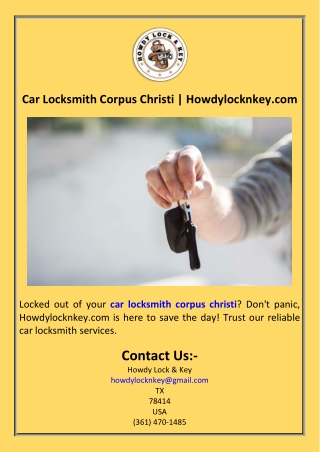 Car Locksmith Corpus Christi  Howdylocknkey.com