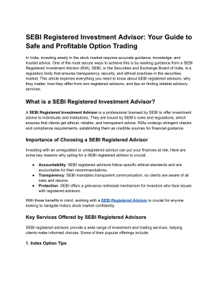 SEBI Registered Investment Advisor: Your Guide to Safe and Profitable Option Tra