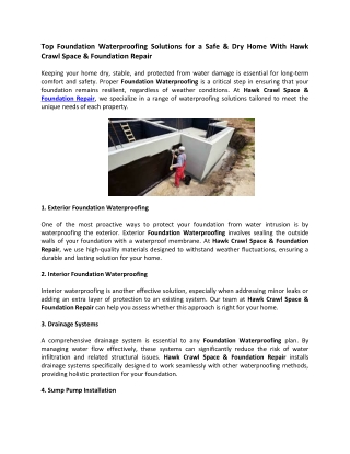 Top Foundation Waterproofing Solutions for a Safe & Dry Home With Hawk Crawl