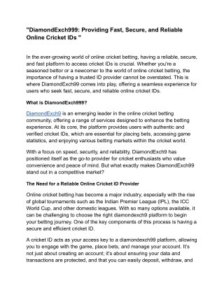 "DiamondExch999: Providing Fast, Secure, and Reliable Online Cricket IDs "