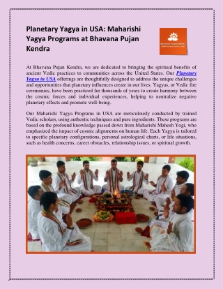 Planetary Yagya in USA: Maharishi Yagya Programs at Bhavana Pujan Kendra