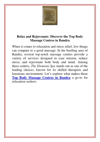 Relax and Rejuvenate: Discover the Top Body Massage Centres in Bandra