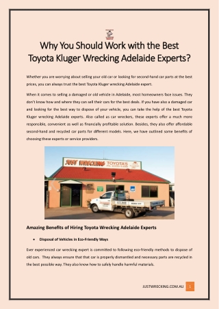 Why You Should Work with the Best Toyota Kluger Wrecking Adelaide Experts