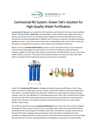 Commercial RO System: Green-Tak’s Solution for High-Quality Water Purification