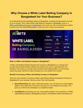 Choose White Label Betting Company in Bangladesh