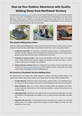 Step Up Your Outdoor Adventures with Quality Walking Shoes from Northwest Territory