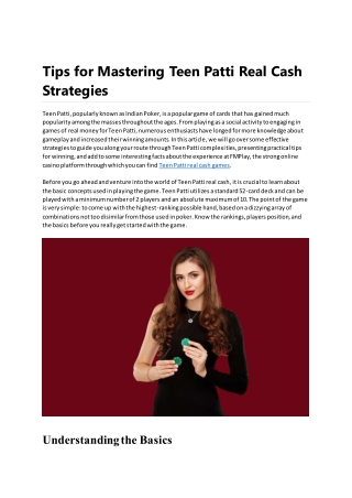 Tips for Mastering Teen Patti Real Cash Strategies