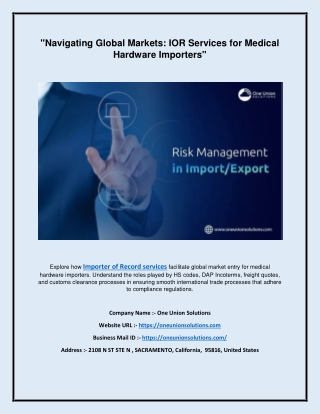 Navigating Global Markets IOR Services for Medical Hardware Importers
