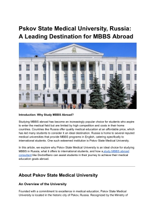Pskov State Medical University, Russia: A Leading Destination for MBBS Abroad