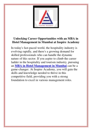 Unlocking Career Opportunities with an MBA in Hotel Management in Mumbai at Inspire Academy