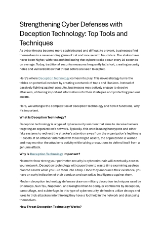 Strengthening Cyber Defenses with Deception Technology: Top Tools and Techniques