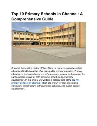 Top 10 Primary Schools in Chennai: A Comprehensive Guide