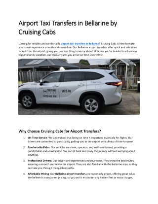 Airport Taxi Transfers in Bellarine by Cruising Cabs