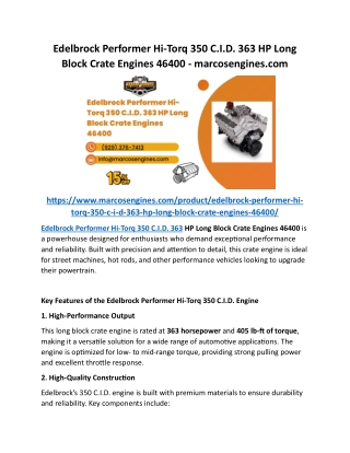 Edelbrock Performer Hi-Torq 350 C.I.D. 363 HP Long Block Crate Engines 46400 - marcosengines