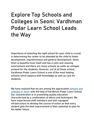 Explore Top Schools and Colleges in Seoni: Vardhman Podar Learn School Leads the