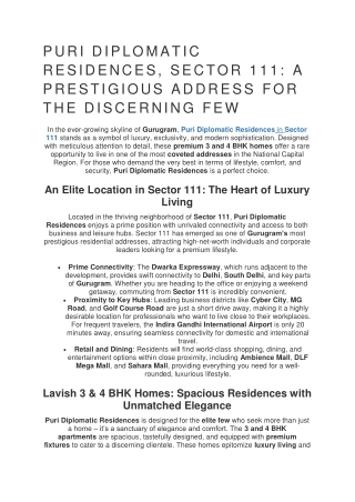 PURI DIPLOMATIC RESIDENCES, SECTOR 111 A PRESTIGIOUS ADDRESS FOR THE DISCERNING FEW