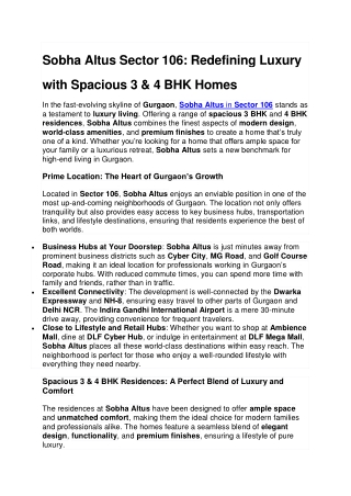 Sobha Altus Sector 106 Redefining Luxury with Spacious 3 & 4 BHK Homes