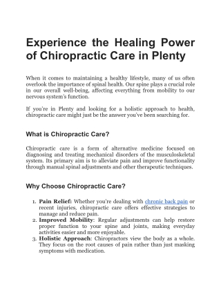 Experience the Healing Power of Chiropractic Care in Plenty