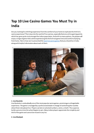 Top 10 Live Casino Games You Must Try in India
