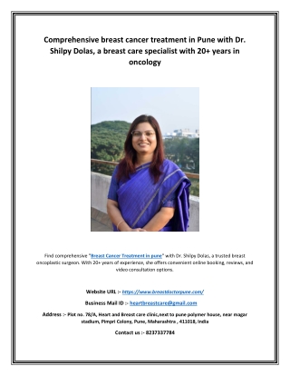 Comprehensive breast cancer treatment in Pune with Dr. Shilpy Dolas, a breast care specialist with 20  years in oncology