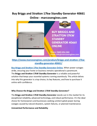Buy Briggs and Stratton 17kw Standby Generator 40661 Online - marcosengines