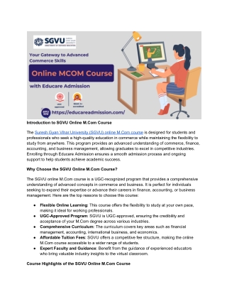SGVU Online M.Com Course with Educare Admission – Enroll Now!