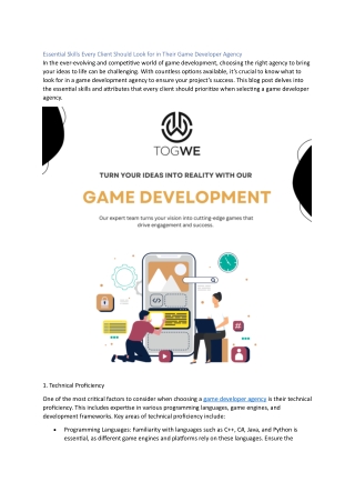 Essential Skills Every Client Should Look for in Their Game Developer Agency