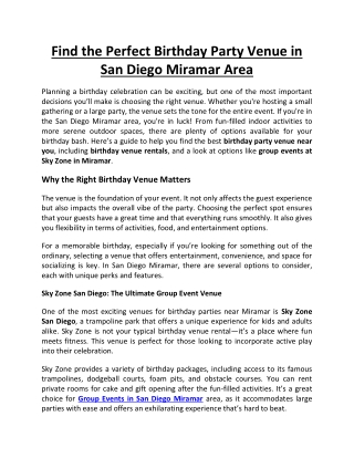 Find the Perfect Birthday Party Venue in San Diego Miramar Area