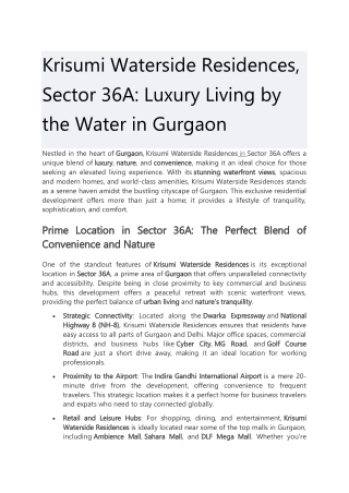 Krisumi Waterside Residences, Sector 36A Luxury Living by the Water in Gurgaon