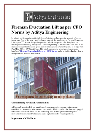 Fireman Evacuation Lift as per CFO Norms by Aditya Engineering