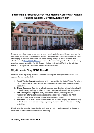 Study MBBS Abroad: Kazakh Russian Medical University