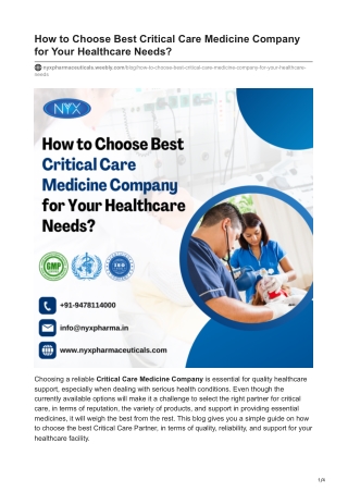 How to Choose Best Critical Care Medicine Company for Your Healthcare Needs?